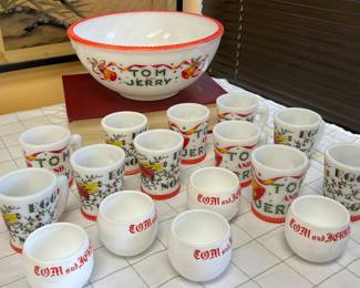 Tom and Jerry milk glass punch bowl set