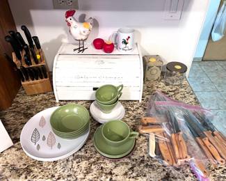Melmac, knives (sets of 12), breadbox, knives with block. 