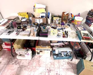 Sewing machines: Pfaff, Singer, Dressmaker, Brother.  Office supplies, piano music boxes, post office lockbox bank. 