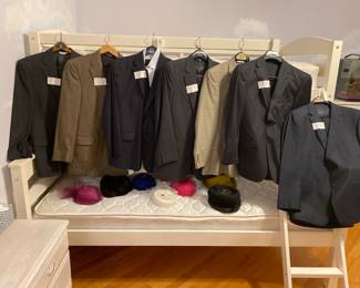 Mens Joseph A. Bank suits. Some never worn. Vintage women's hats. 