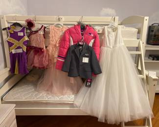 Girl's white communion dress, pink party dress, pompom uniform, ballerina tutu and 3T boy's suit. 