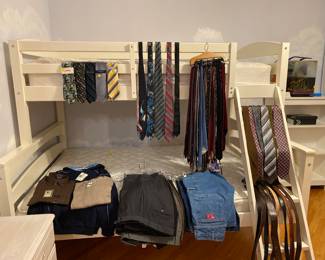 Men's jeans, dress pants, dress shirts, belts. Some ties still with original tags.  Pants range in size from 32-34W x 29-30L.  All in excellent condition.  