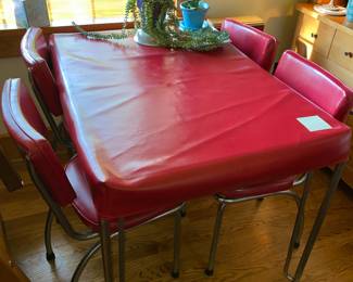 Vtg. Kitchen set - red chairs and table with chrome