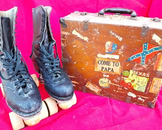 VINTAGE ROLLER SKATES IN WOOD BOX