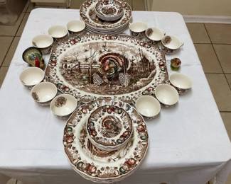 His Majesty Thanksgiving (Made by Johnson Bros. in England). 12 plates, 12 saucers, 12 cups, 1 platter, salt and pepper shaker.