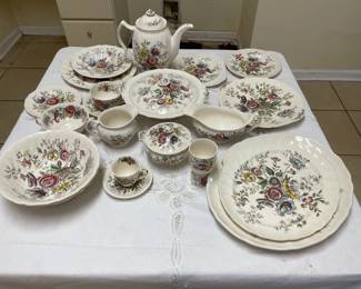 Sheraton: First set: 6 dinner plates, 6 tea cups/saucers, 6 demitasse cups/saucers, 6 soup bowls, 6 medium square plates, 6 small bread plates, 6 small fruit bowls, 1 sugar bowl, 1 creamer, 1 gravy bowl, 2 platters, 1 butter dish, 1 vegetable bowl, 1 coffee pot, 6 salad bowls, 1 potato bowl, 2 soup cups, 1 large soup pot. Second set: 6 dinner plates, 6 salad plates, 6 small bread plates, 4 demitasse/saucers, 1 butter dish, 6 fruit bowls, 1 soup bowl, 1 sugar bowl, 1 creamer, 1 sweet tea picture, 1 gravy bowl, 1 potato bowl, 1 vegetable bowl, 2 platters, 2 small soup cups. Third set: 3 dinner plates, 2 tea cups, 4 tea saucers, 5 other tea saucers, 2 mugs, 1 sugar bowl, 1 creamer, 1 soup bowl, 1 small platter, 1 vegetable bowl, 1 cookie dish, 8 bread plates, 2 medium square plates, 2 round dessert plates, 3 fruit bowls.