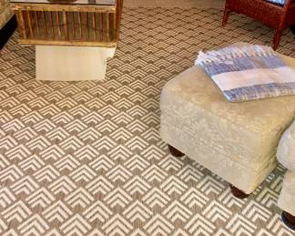 Excellent area rug.  Note the vintage chicken roosting cage with a glass top as a coffee table!