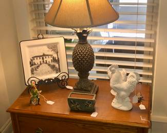 Antique Oak low chest - contemporary pineapple lamp