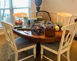 Painted chairs with Oak table - woven rug