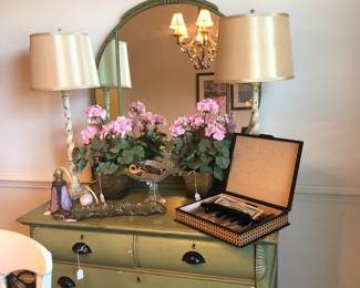 Antique painted Oak dresser - pair of lamps and another set of flatware