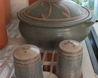 Studio Pottery Covered Casserole Dish, Salt & Pepper Shakers