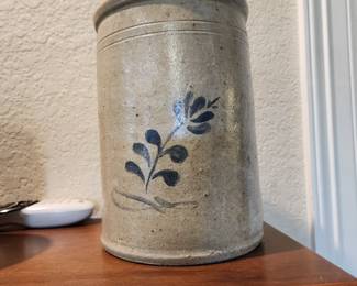Mid 1800's Antique Salt Glaze Stoneware Crock - Blue Decorated 