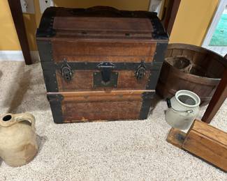Vintage crocks, wooden storage trunk