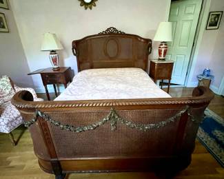FRENCH NEO-CLASSICAL REVIVAL Cane & Carved Wood Raised Floral Motifs & Ribbons Bedroom Set including Bed Vanity Bench Desk + Chair(Chair needs refinishing + could be a marriage to the set). This is an amazing Bedroom Set ~~~ a similar one sold at the ROCKEFELLER-DODGE Estate.