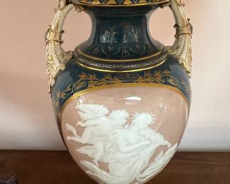 MEISSEN Pate-sur-pate Figural Lamp conversion Covered Urn - Fabulous!   Figural has repair & lid has repair.