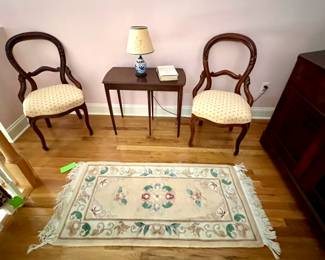 Victorian Sitting Area including 3 Chairs + Table accented with Chinese Blue & White Ginger Jar Lamp.  Chinese area Rug