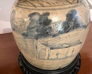 CHINESE CANTON Blue & White Export Jar signed Bottom converted into lamp