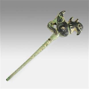 Ancient Luristan Bronze Spike Toggle Pin with Bird Finial

