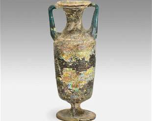 Ancient Roman Glass Bottle Threaded Stamnium w/Pad Foot & Handles
