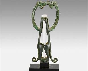 Ancient Luristan Bronze Double Dragon Mascot Figurine Standard Finial
