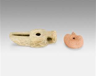 Two Ancient Early Islamic Oil Lamps - Carved Stone and Molded Pottery
