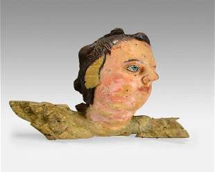 Antique Lithuanian 18thC Carved and Painted Wood Putti Angel Head
