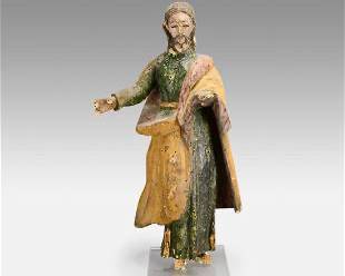 Antique Early 19thC Carved Wood South American Icon Saint Statue
