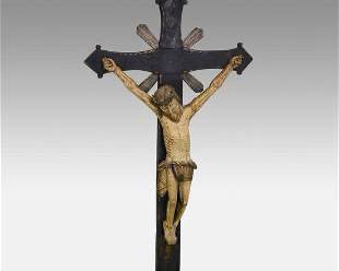 Antique 19thC Lithuanian Carved and Painted Wood Crucifix
