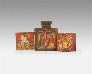 Ethiopian Carved and Painted Wood Double Diptych Icon Pendant
