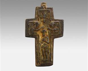 Antique 16thC Armenian Tiny Carved Wood Double-Sided Cross Pendant
