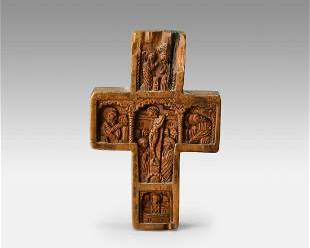 Antique 18thC Armenian Carved Wood Double-Sided Pictorial Cross
