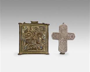 Antique Engraved Silver Armenian Reliquary Box Cross Pendant and a Bronze Icon Cover
