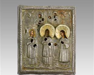Antique 19thC Miniature Russian .84 Silver and Painted Wood "Three Saints" Icon
