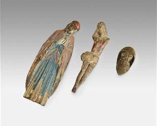 Three Antique 18th and 19thC Carved Wood Religious Icon Figurine Pieces

