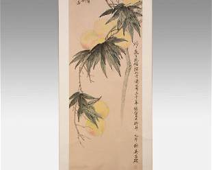 Good 20thC Signed Chinese Hand Painted Scroll Peaches with Leaves
