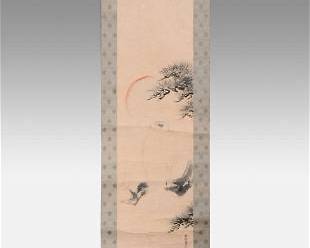 Antique 19thC Signed Isen'in Naganobu Scroll Eagle and Moon Japanese Kano School
