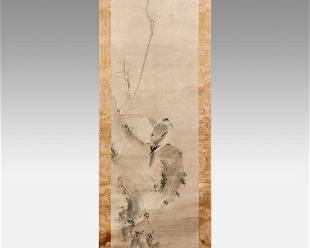 Antique 18thC Japanese Kano School Kakejiku Scroll Two Quails on Branch
