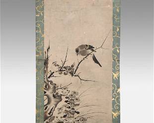 Antique 19thC Edo Japanese Kano School Kakejiku Scroll Mother Bird w/Grasshopper
