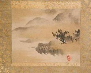 Antique 18th-19thC Japanese Edo Period Kano School Misty River Kakejiku Scroll w/Red Urn Seal
