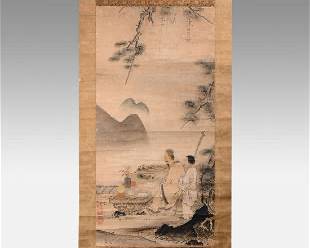 Edo Period Japanese Kano School Kakejiku Scroll Scholar and Attendant w/Red Seal
