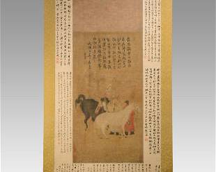 Chinese Late Ming Dynasty Scroll Painting Horses and Attendants w/Poems and Seals
