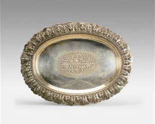 Antique 19thC North Indian Hand Chased Footed Silver Serving Tray
