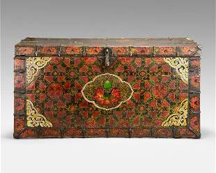Antique 17thC Tibetan Painted Wood Storage Trunk
