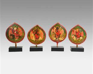 Four Antique 18thC Tibetan Double Sided Carved Painted Wood Tantric Crown Panels
