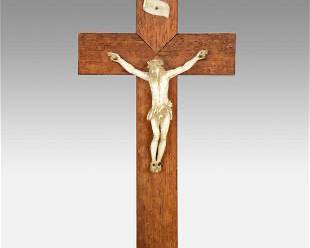 Antique 19thC French Carved Crucifix on Oak Cross
