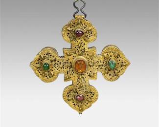 Antique 18thC Gilt Silver Armenian Reliquary Pendant Cross w/Stones
