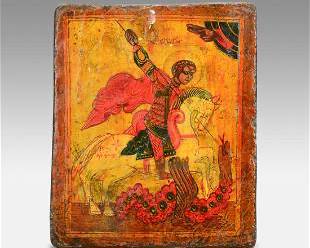 Antique Early 19thC Russian Painted Wood Icon St George and the Dragon

