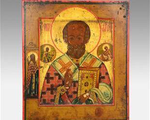 Antique 18thC Russian Painted Wood Icon St. Nicholas
