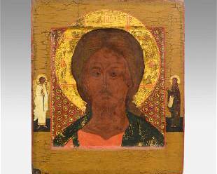 Antique 18thC Russian Painted Wood Icon Christ The Grimm Eye
