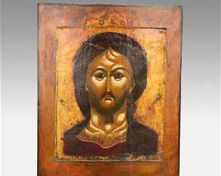 Antique 16thC Russian Painted Wood Icon Christ of the Fiery Eye
